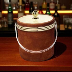 Vintage MCM Brown Suede Ice Bucket Retro Barware Lucite Handle & Lid Mid Century